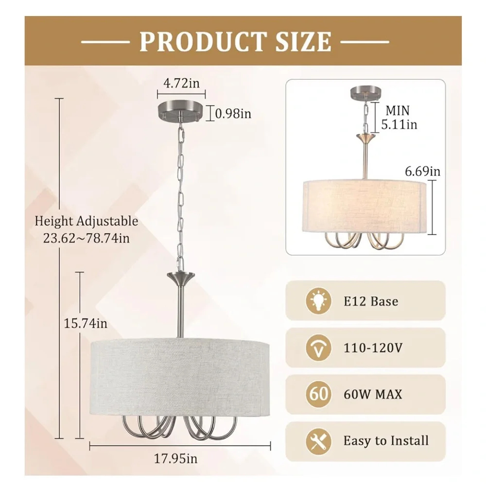NIB Drum Chandeliers 6-Light Modern Linen Pendant Light, Brushed Nickel Fixture